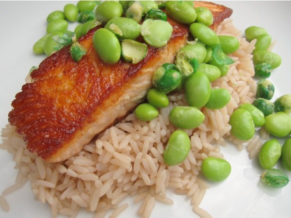 Crispy salmon with jasmine tea rice and wasabi edamame