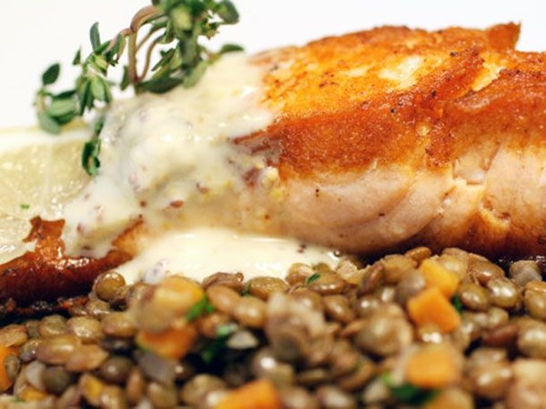Crispy salmon with lentils du Puy and two-mustard crème fraîche 