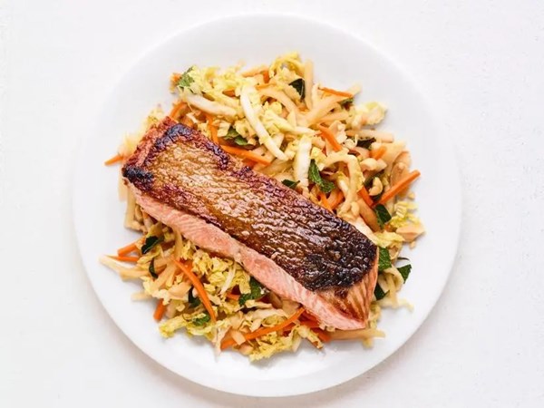 Crispy salmon with napa cabbage salad
