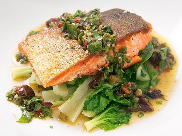 Crispy salmon with steamed bok choy and basil-caper relish