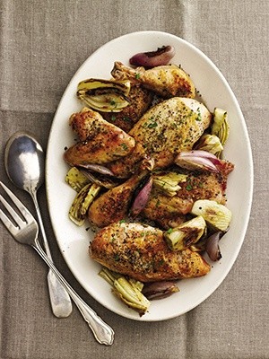Crispy salt and pepper chicken with caramelized fennel and shallots