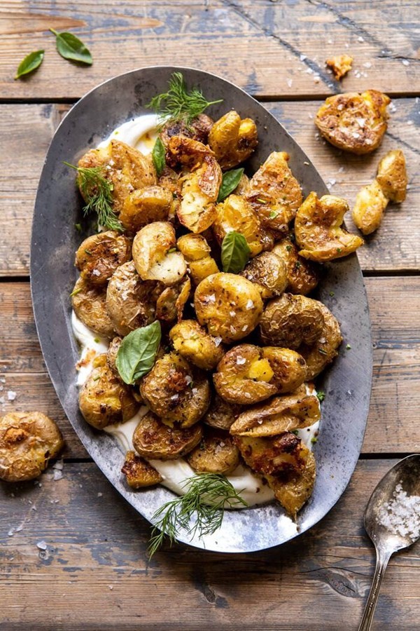 Crispy salt and vinegar smashed potatoes