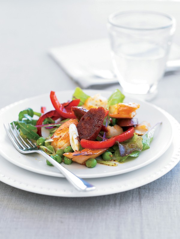 Crispy salt cod and chorizo salad