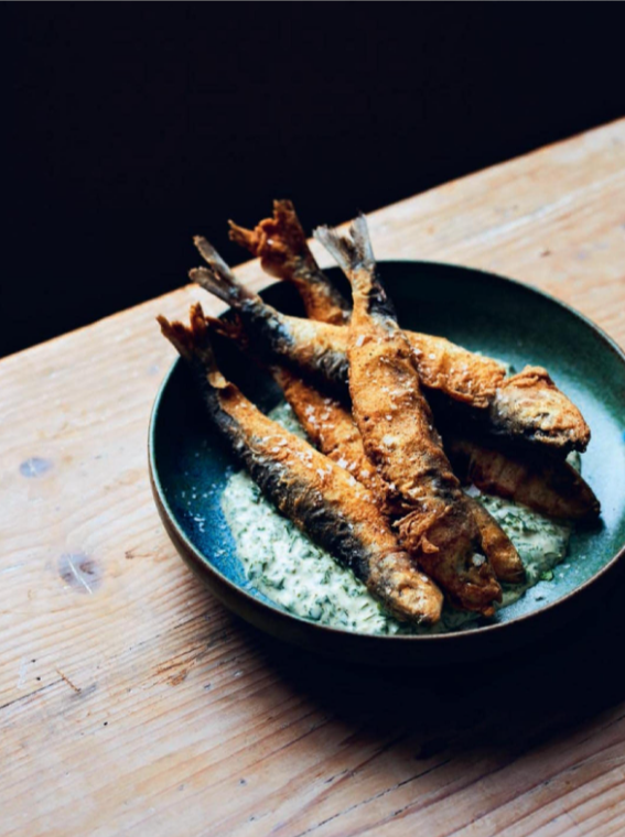 Crispy sardines with green tahini