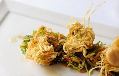 Crispy scallops with soy coleslaw