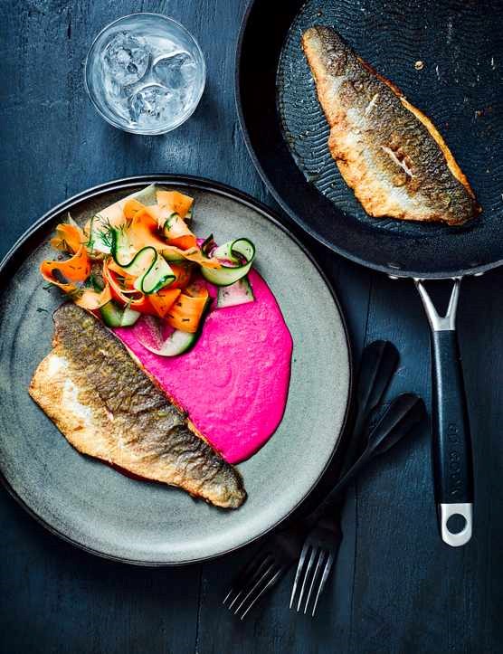 Crispy sea bass with blitzed beetroot and quick pickled veg