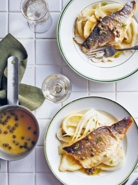 Crispy sea bass with fennel & caper butter