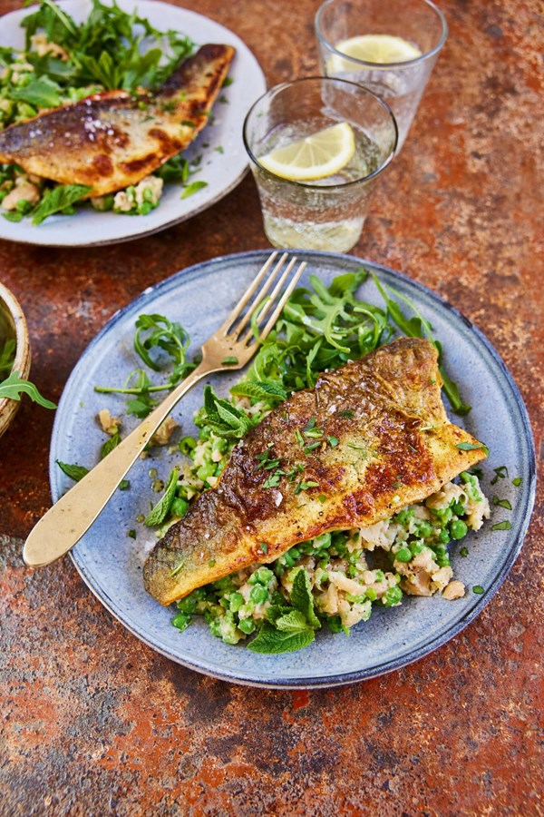 Crispy seabass with mashed peas