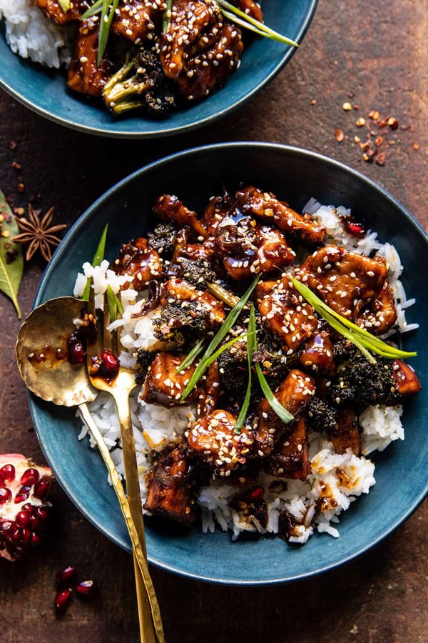 Crispy sesame chicken and ginger rice