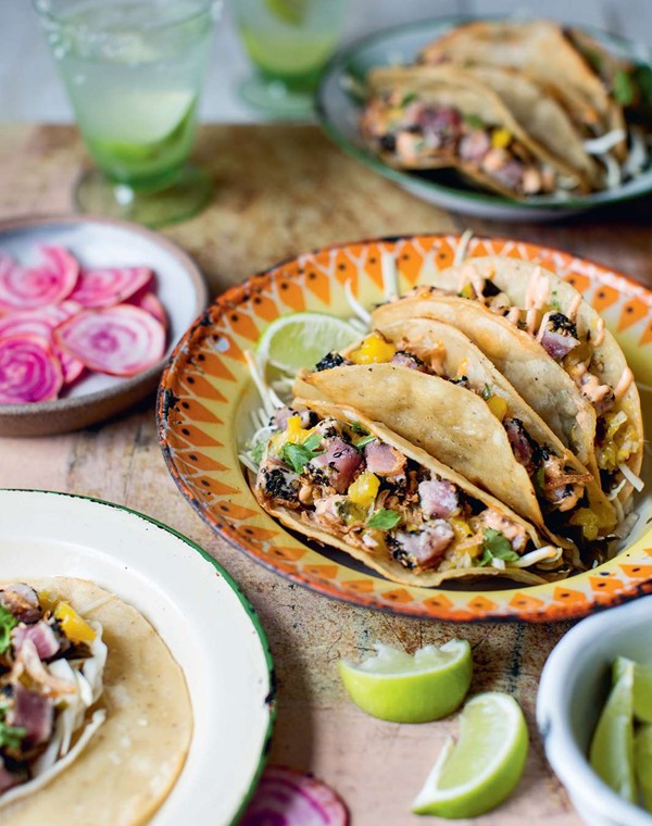 Crispy sesame-crusted tuna tacos with mango salsa