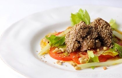 Crispy sesame duck livers with a celery, tomato and pine nut salad