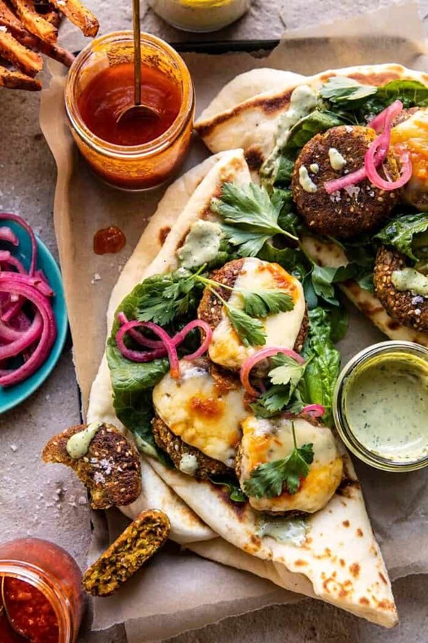 Crispy sesame falafel melts with garlicky green tahini