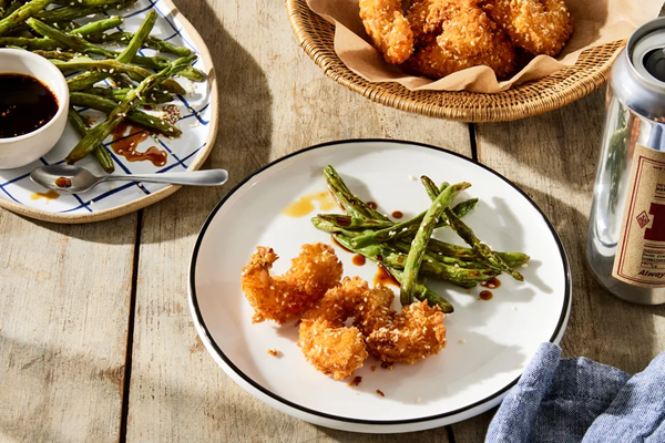 Crispy sesame shrimp & green beans with soy-ginger sauce