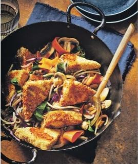 Crispy sesame tofu & mushroom stir fry