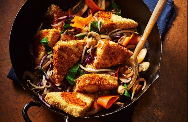 Crispy sesame tofu & mushroom stir fry