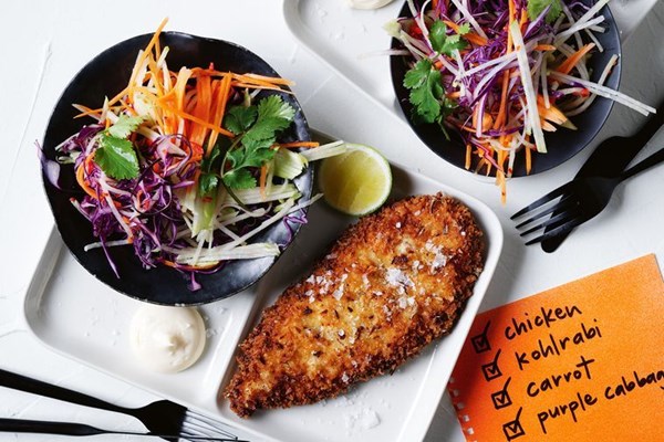 Crispy shallot chicken schnitzels with Asian slaw