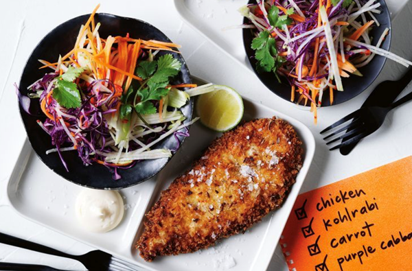 Crispy shallot chicken schnitzels with Asian slaw