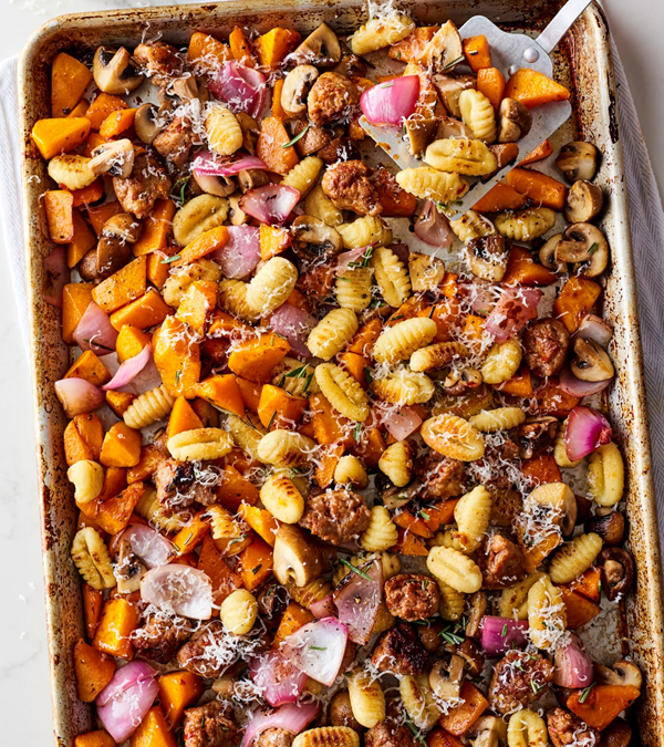 Crispy sheet pan gnocchi with mushrooms, sausage, and butternut squash 