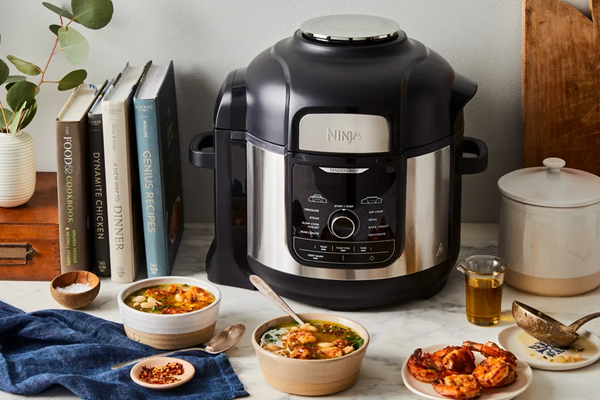 Crispy shrimp with lemony, brothy beans & greens in a multi-cooker