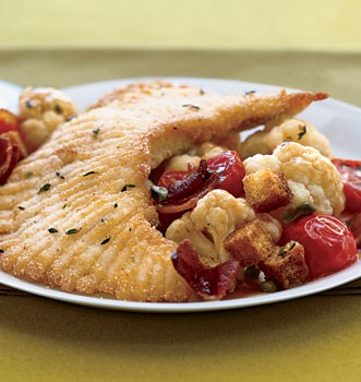 Crispy skate with cauliflower, bacon, capers, and croutons