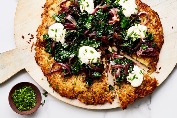 Crispy skillet latke with kale