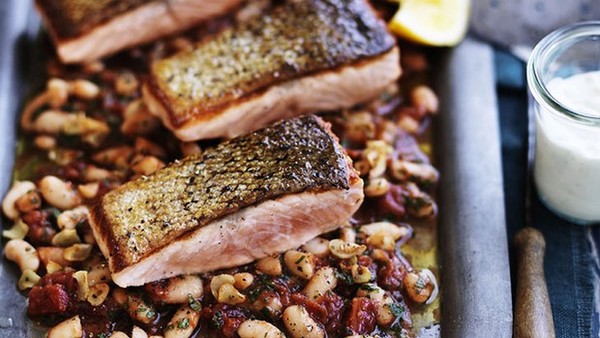 Crispy skin salmon and braised beans