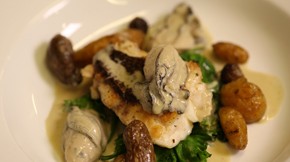 Crispy-skin snapper with riwai potatoes, bitter greens and poached oysters