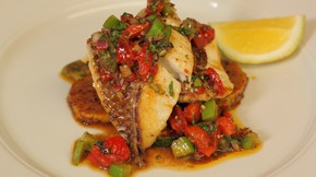Crispy skin snapper with tomatillo salsa and spiced marrow