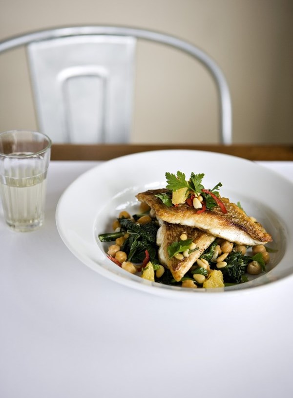 Crispy skinned fish with orange, parsley and pine nut salad