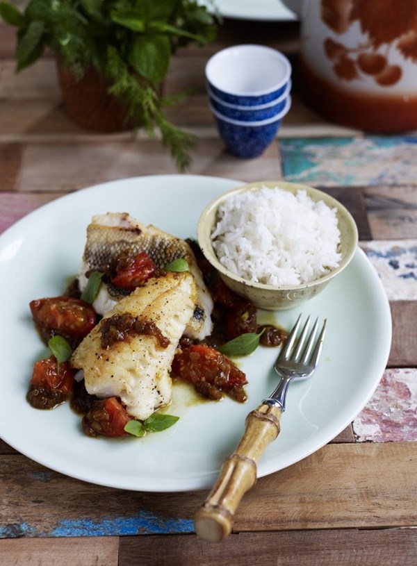 Crispy skinned fish with tamarind and tomatoes
