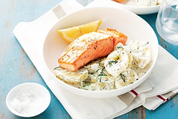 Crispy-skinned salmon with potato and dill salad