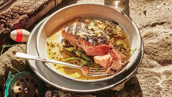 Crispy-skinned salmon with whole lemon-sesame sauce