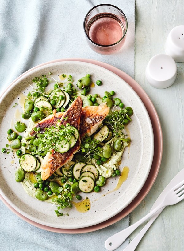 Crispy-skinned snapper with a spring salad