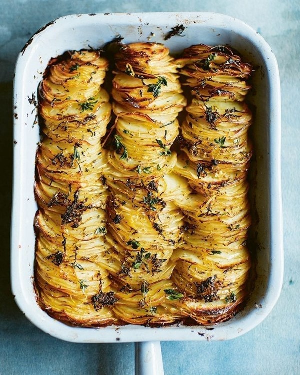 Crispy sliced & stacked lemon-roasted potatoes