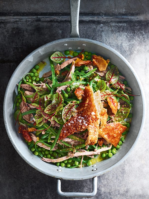 Crispy slow-cooked pork shoulder, green bean and pea salad