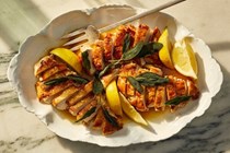 Crispy smashed chicken breasts with gin-and-sage jus