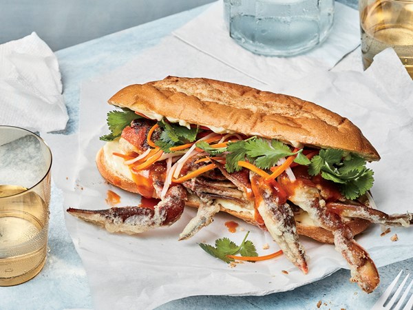 Crispy soft-shell crab banh mi with tamarind sauce