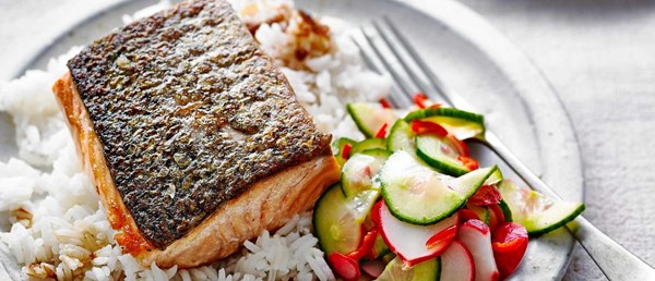 Crispy soy salmon with quick pickles