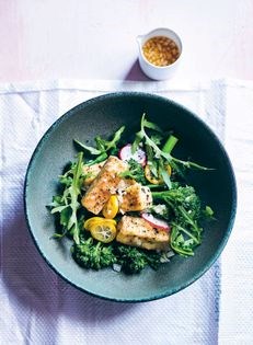Crispy spiced tofu veggie bowl with ponzu dressing