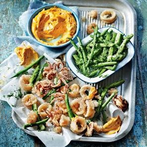 Crispy squid with pickled beans and harissa mayonnaise
