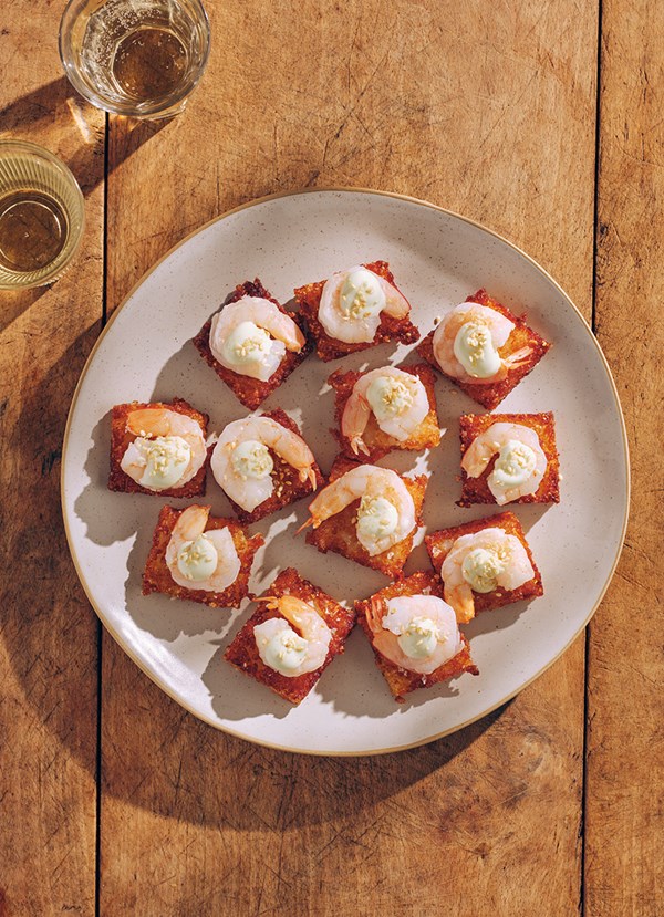 Crispy sushi rice cakes with prawns and wasabi mayo