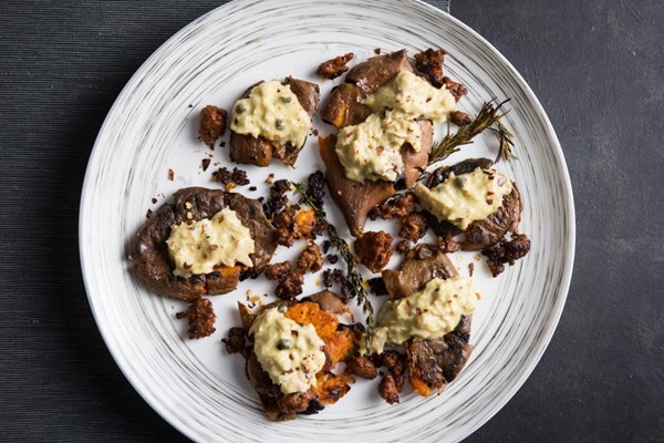Crispy sweet potatoes with tuna-anchovy mayonnaise