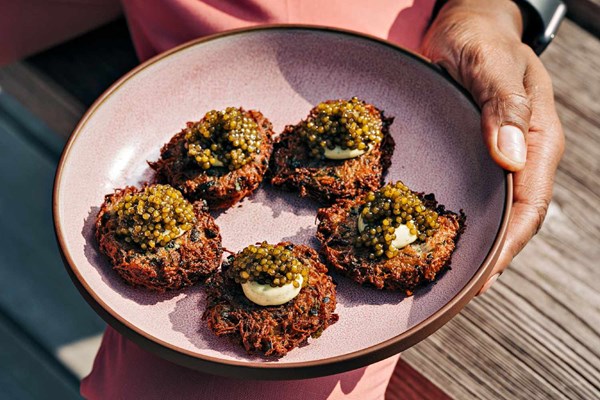Crispy taro root fritters with caviar and remoulade (Akra)