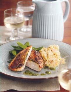 Crispy tarragon chicken with butter bean, leek and mustard mash