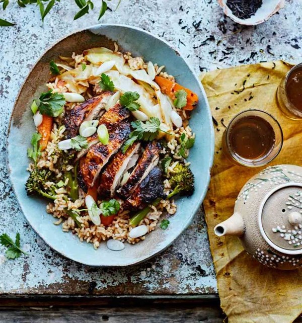 Crispy tea-brined chicken with Oriental warm rice salad