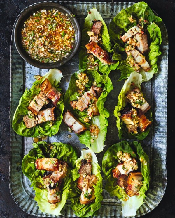 Crispy Thai pork belly with nam jim jaew dipping sauce