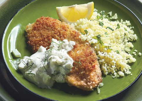 Crispy tilapia fillets with fennel-mint tzatziki