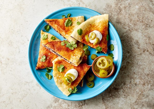 Crispy toasted-cheese black bean quesadillas