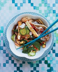 Crispy tofu bibimbap with mustard greens & zucchini