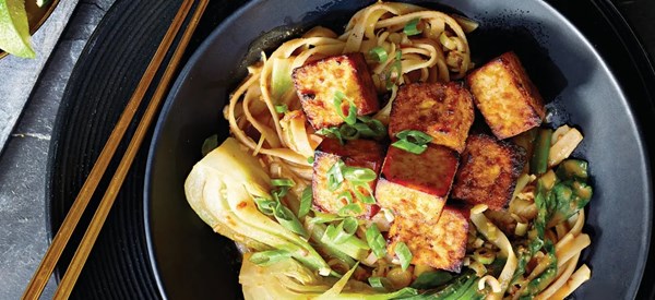 Crispy tofu noodle bowls with Thai peanut sauce